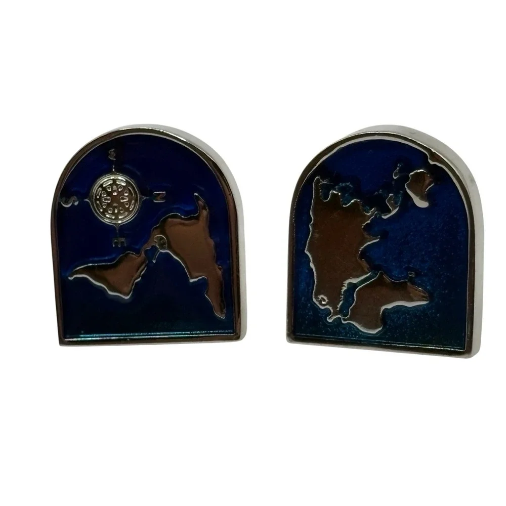 World Map Cufflinks Blue Enamel Silver‎ Tone Bullet Back Globe Navigation Travel